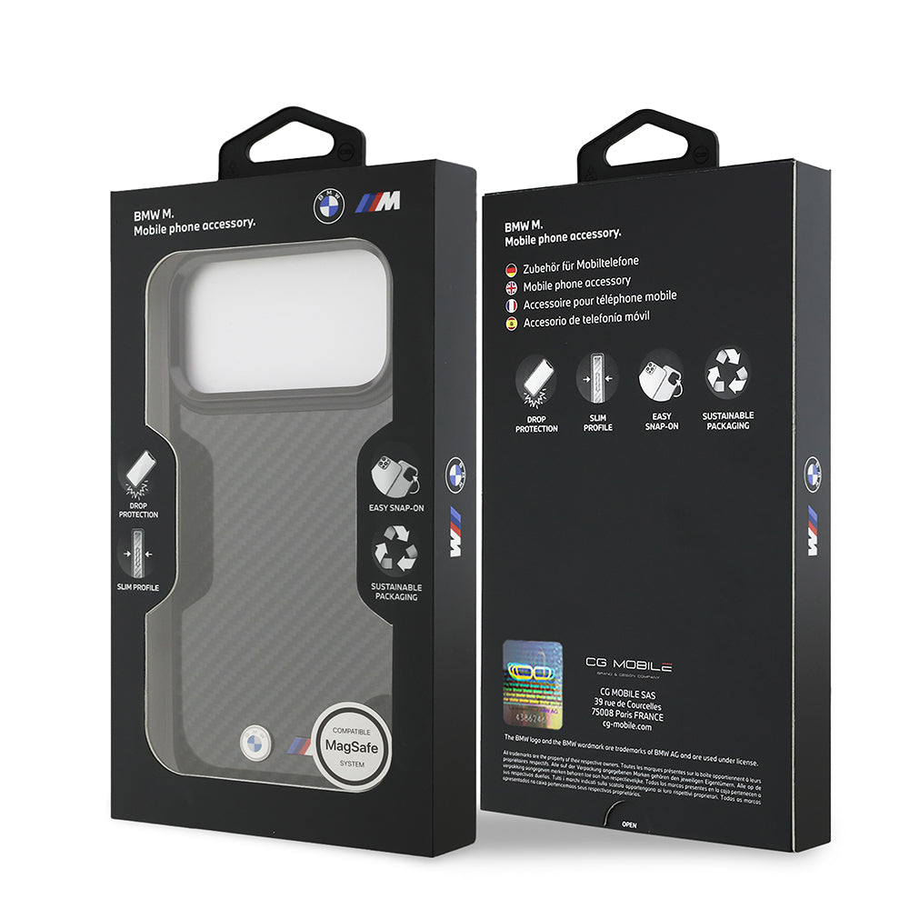 Apple iPhone 17 Pro Max Kılıf BMW Orjinal Lisanslı M-safe Şarj Özellikli Karbon Fiber Metal Logolu Kevlar Kapak