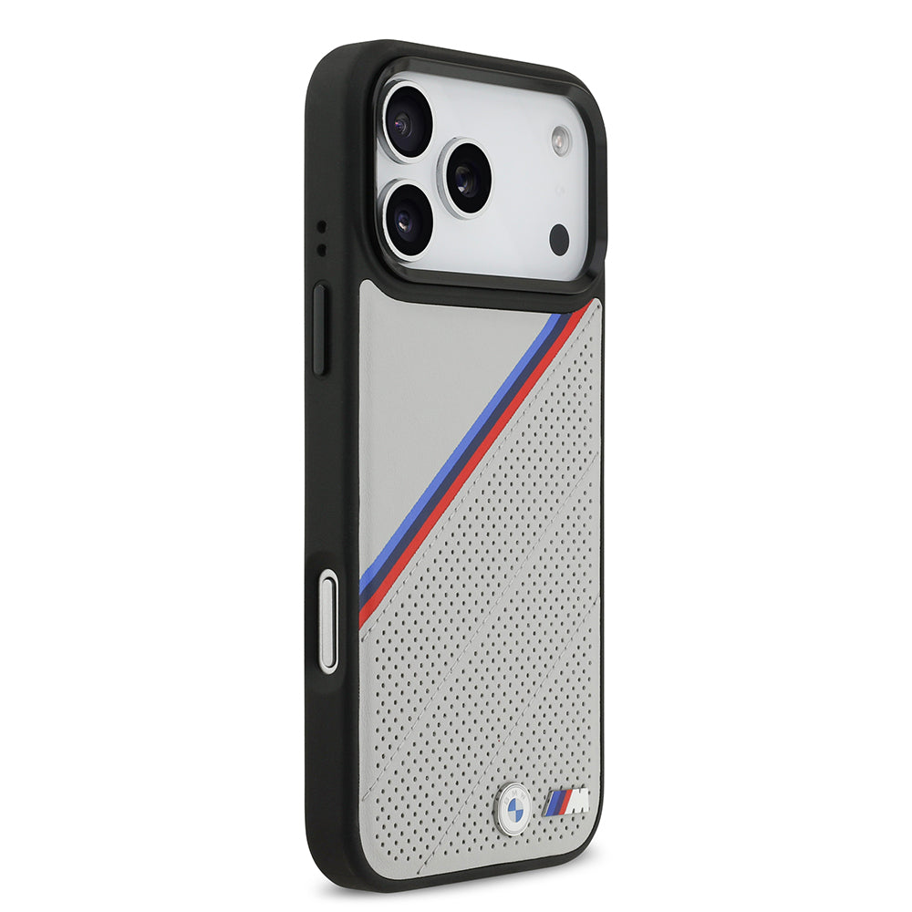 Apple iPhone 17 Pro Max Kılıf BMW Orjinal Lisanslı M-safe Şarj Özellikli M Logolu Üç Şeritli Delikli Deri Kapak