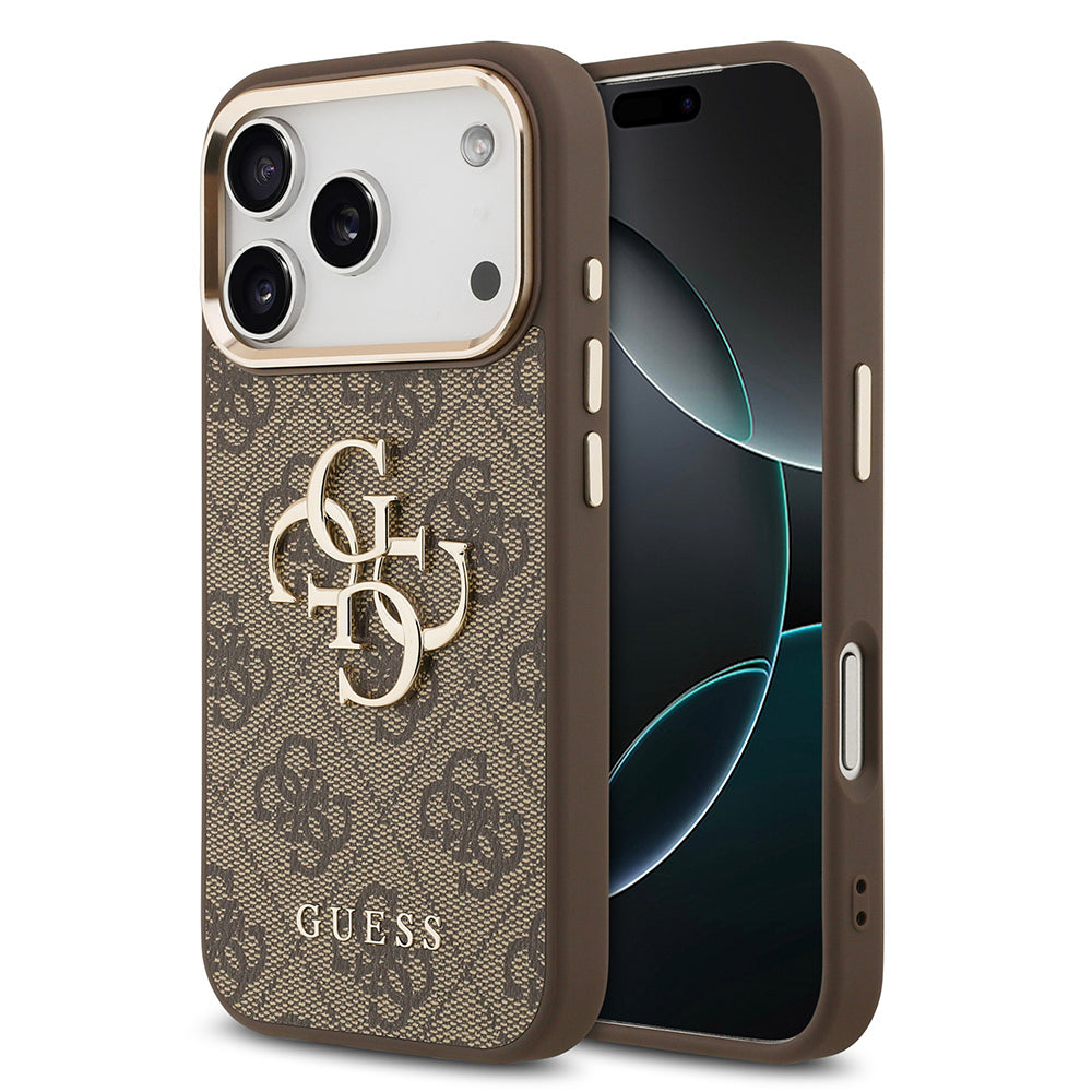 Apple iPhone 17 Pro Max Kılıf Guess Orjinal Lisanslı Gold Metal Kamera Çerçeveli 4G Desenli Metal Büyük 4G ve Yazı Logolu Kapak