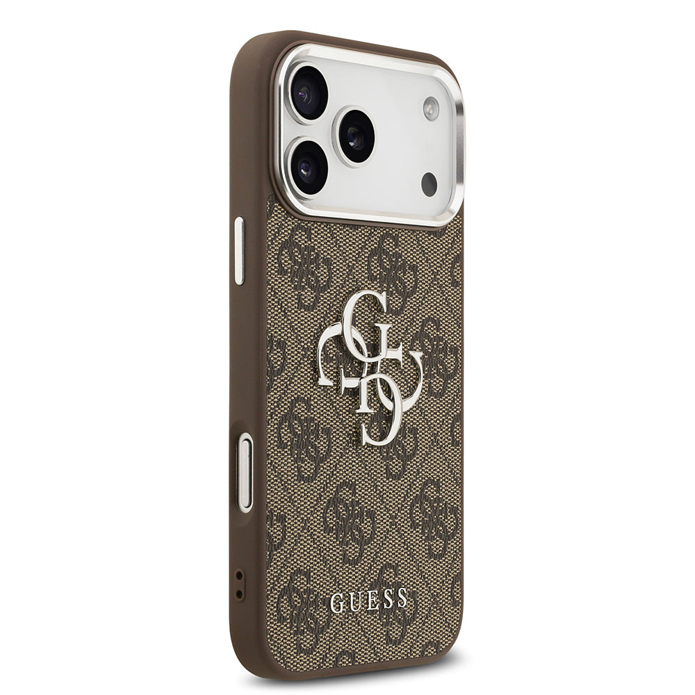 Apple iPhone 17 Pro Max Kılıf Guess Orjinal Lisanslı Gümüş Metal Kamera Çerçeveli 4G Desenli Metal Büyük 4G ve Yazı Logolu Kapak