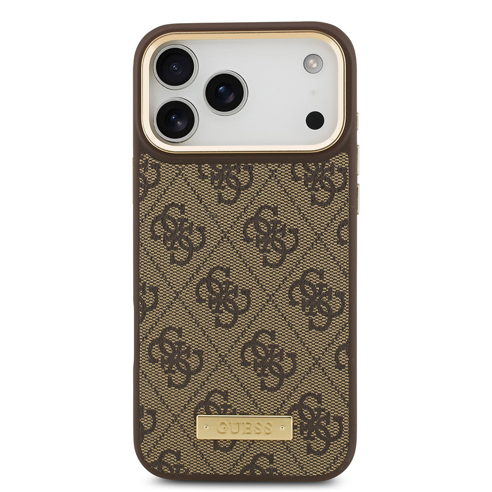 Apple iPhone 17 Pro Max Kılıf Guess Orjinal Lisanslı M-safe Şarj Özellikli 4G Desenli PU Metal Plaka Klasik Logolu Kapak