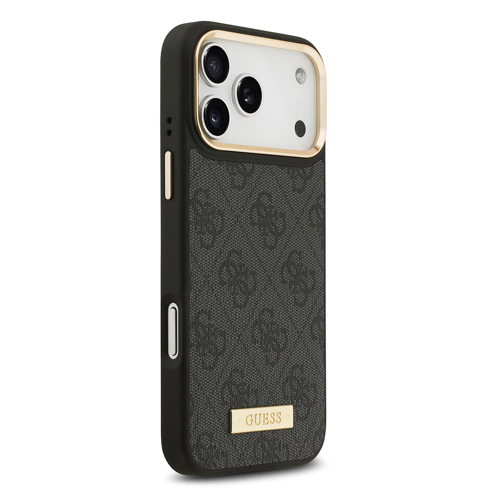 Apple iPhone 17 Pro Max Kılıf Guess Orjinal Lisanslı M-safe Şarj Özellikli 4G Desenli PU Metal Plaka Klasik Logolu Kapak