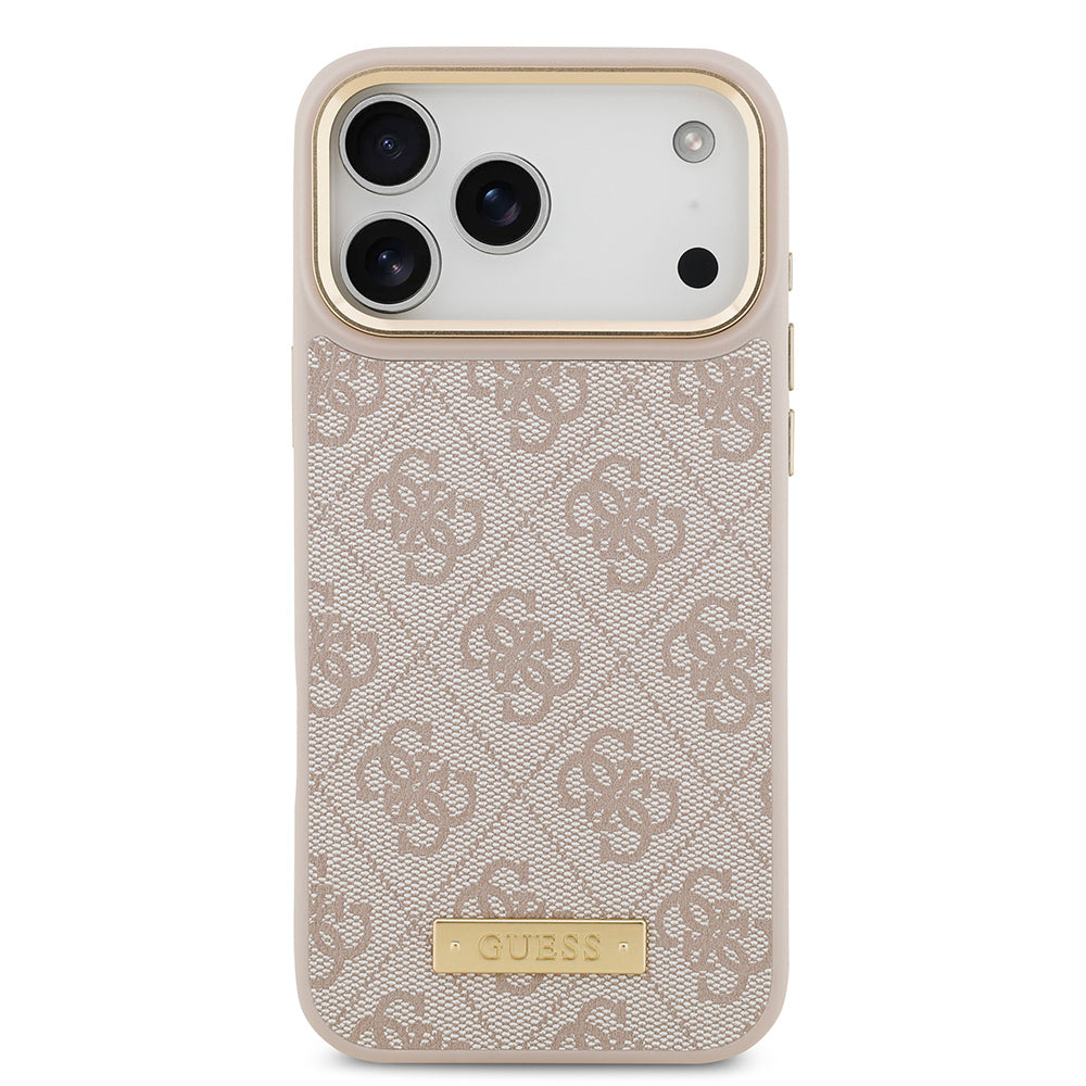 Apple iPhone 17 Pro Max Kılıf Guess Orjinal Lisanslı M-safe Şarj Özellikli 4G Desenli PU Metal Plaka Klasik Logolu Kapak