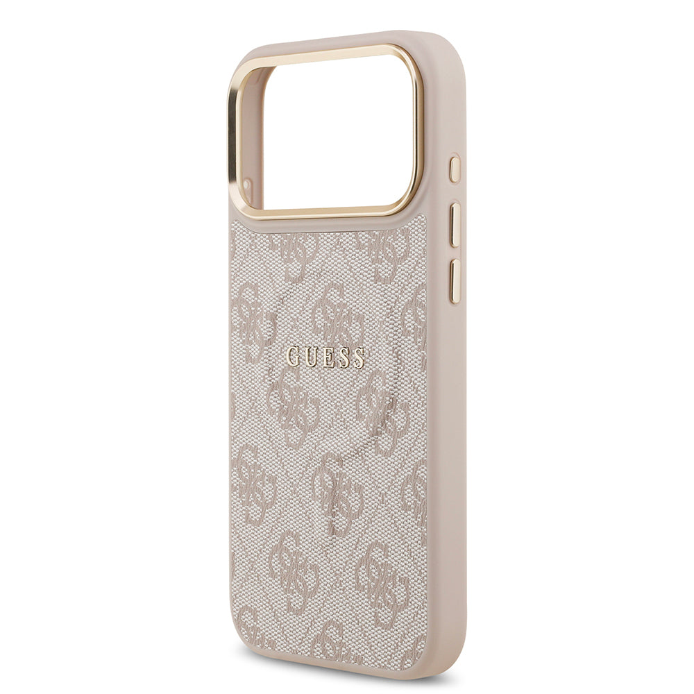 Apple iPhone 17 Pro Max Kılıf Guess Orjinal Lisanslı M-safe Şarj Özellikli Gold Metal Kamera Çerçeveli PU Deri 4G Desenli Yazı Logolu Kapak