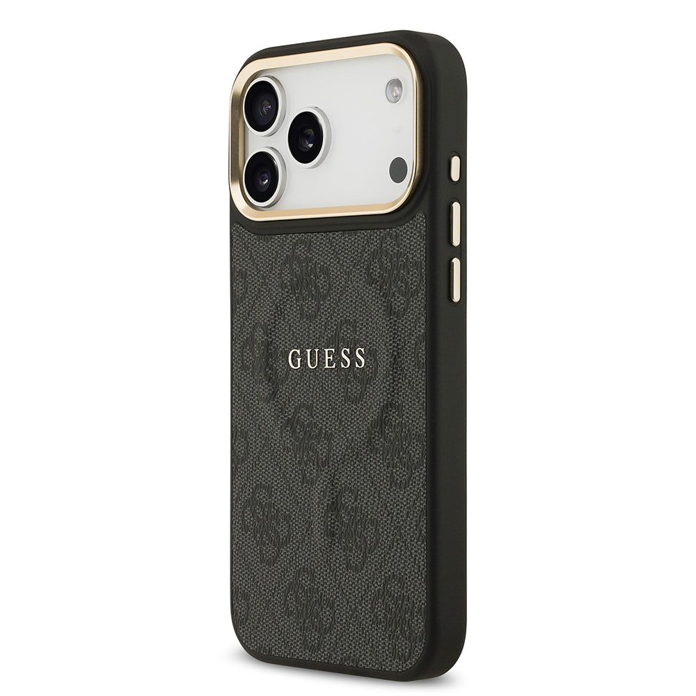 Apple iPhone 17 Pro Max Kılıf Guess Orjinal Lisanslı M-safe Şarj Özellikli Gold Metal Kamera Çerçeveli PU Deri 4G Desenli Yazı Logolu Kapak
