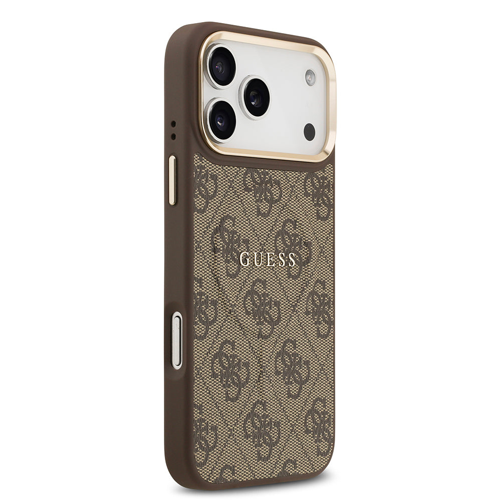 Apple iPhone 17 Pro Max Kılıf Guess Orjinal Lisanslı M-safe Şarj Özellikli Gold Metal Kamera Çerçeveli PU Deri 4G Desenli Yazı Logolu Kapak