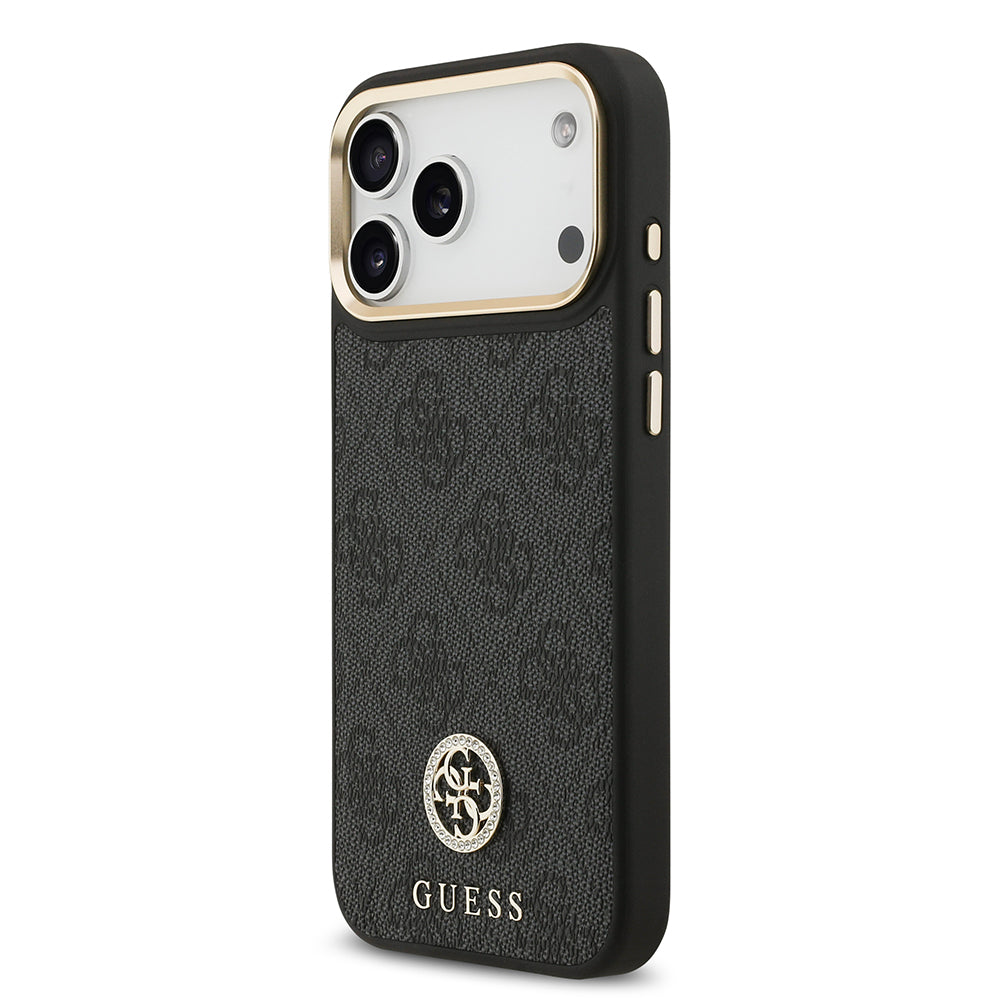Apple iPhone 17 Pro Max Kılıf Guess Orjinal Lisanslı M-safe Şarj Özellikli Gold Metal Kamera Çerçeveli Taşlı 4G Logolu Kapak