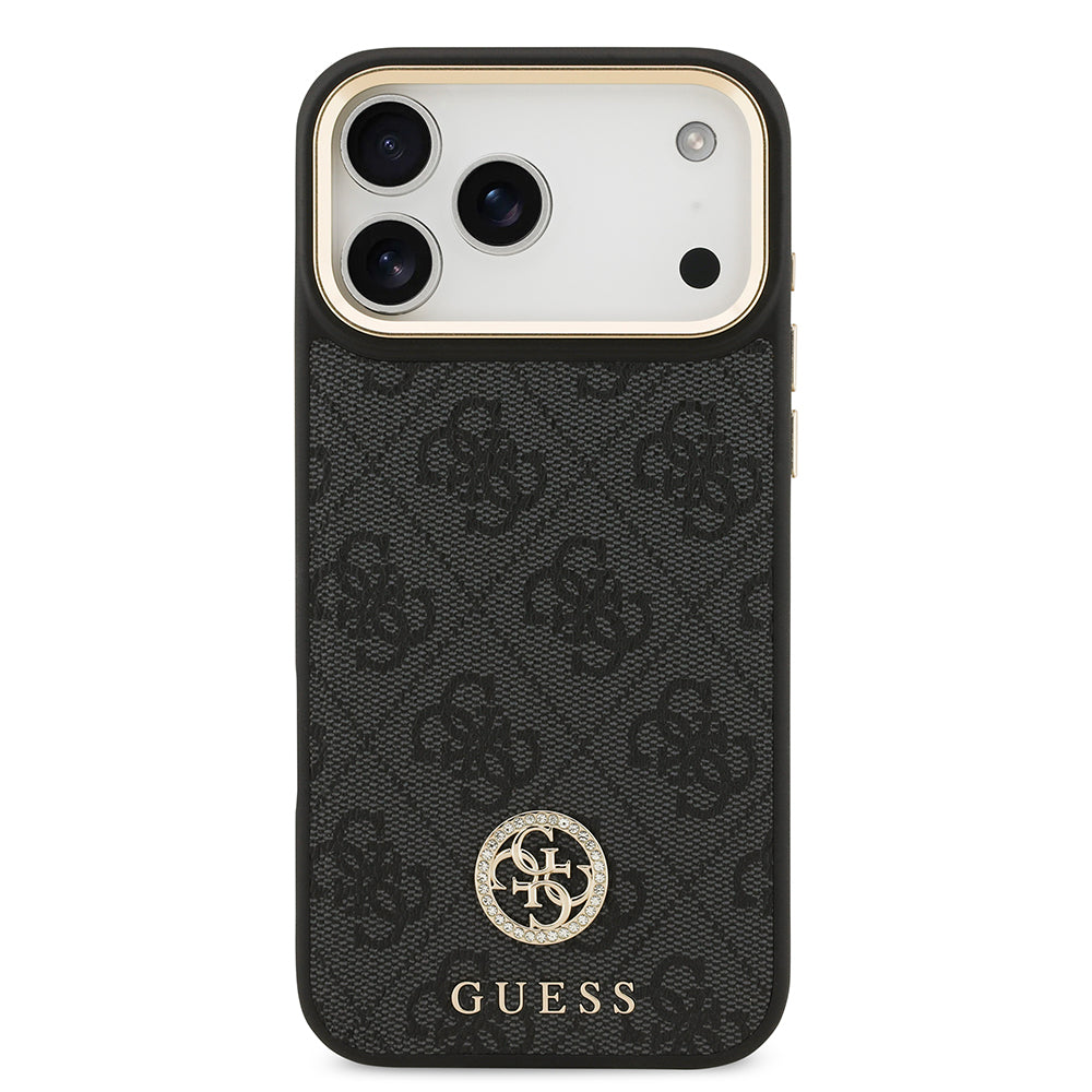 Apple iPhone 17 Pro Max Kılıf Guess Orjinal Lisanslı M-safe Şarj Özellikli Gold Metal Kamera Çerçeveli Taşlı 4G Logolu Kapak