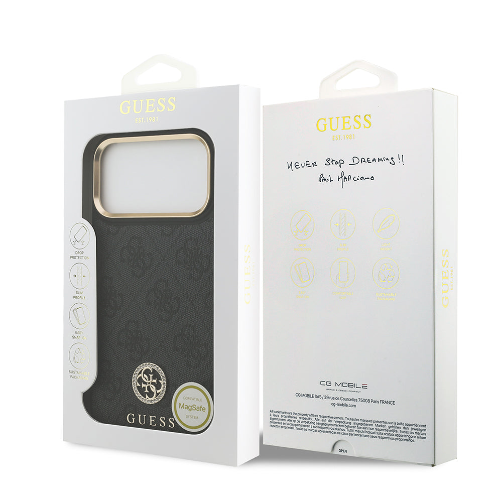 Apple iPhone 17 Pro Max Kılıf Guess Orjinal Lisanslı M-safe Şarj Özellikli Gold Metal Kamera Çerçeveli Taşlı 4G Logolu Kapak