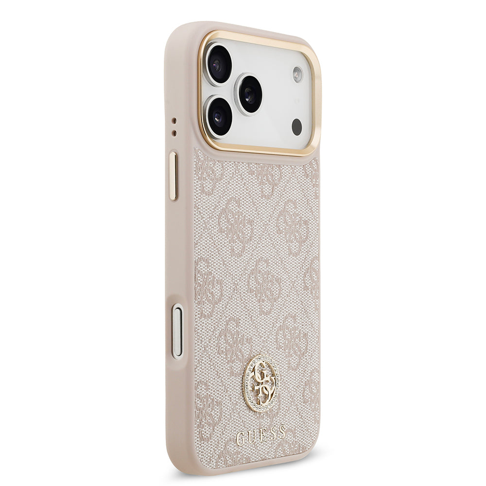 Apple iPhone 17 Pro Max Kılıf Guess Orjinal Lisanslı M-safe Şarj Özellikli Gold Metal Kamera Çerçeveli Taşlı 4G Logolu Kapak