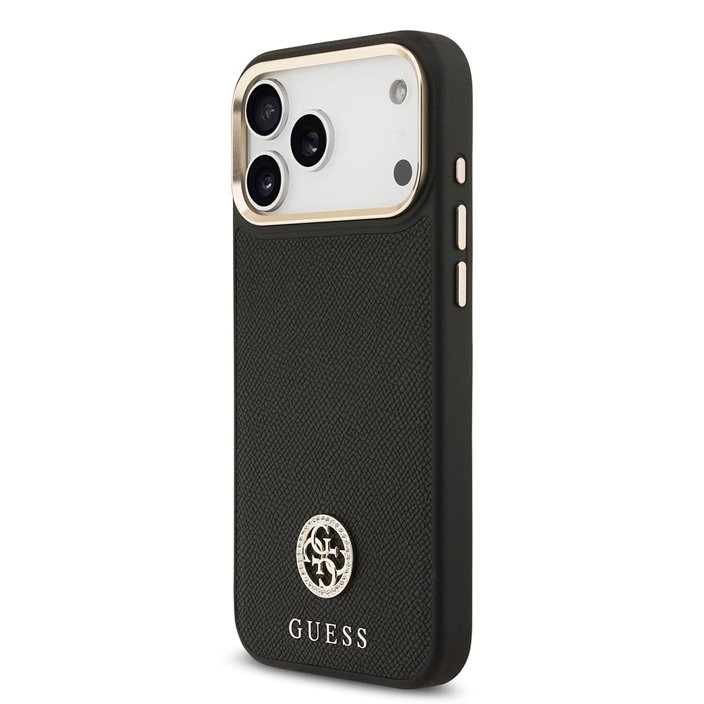 Apple iPhone 17 Pro Max Kılıf Guess Orjinal Lisanslı M-safe Şarj Özellikli Grained Yazı ve Taşlı 4G Logolu Kapak