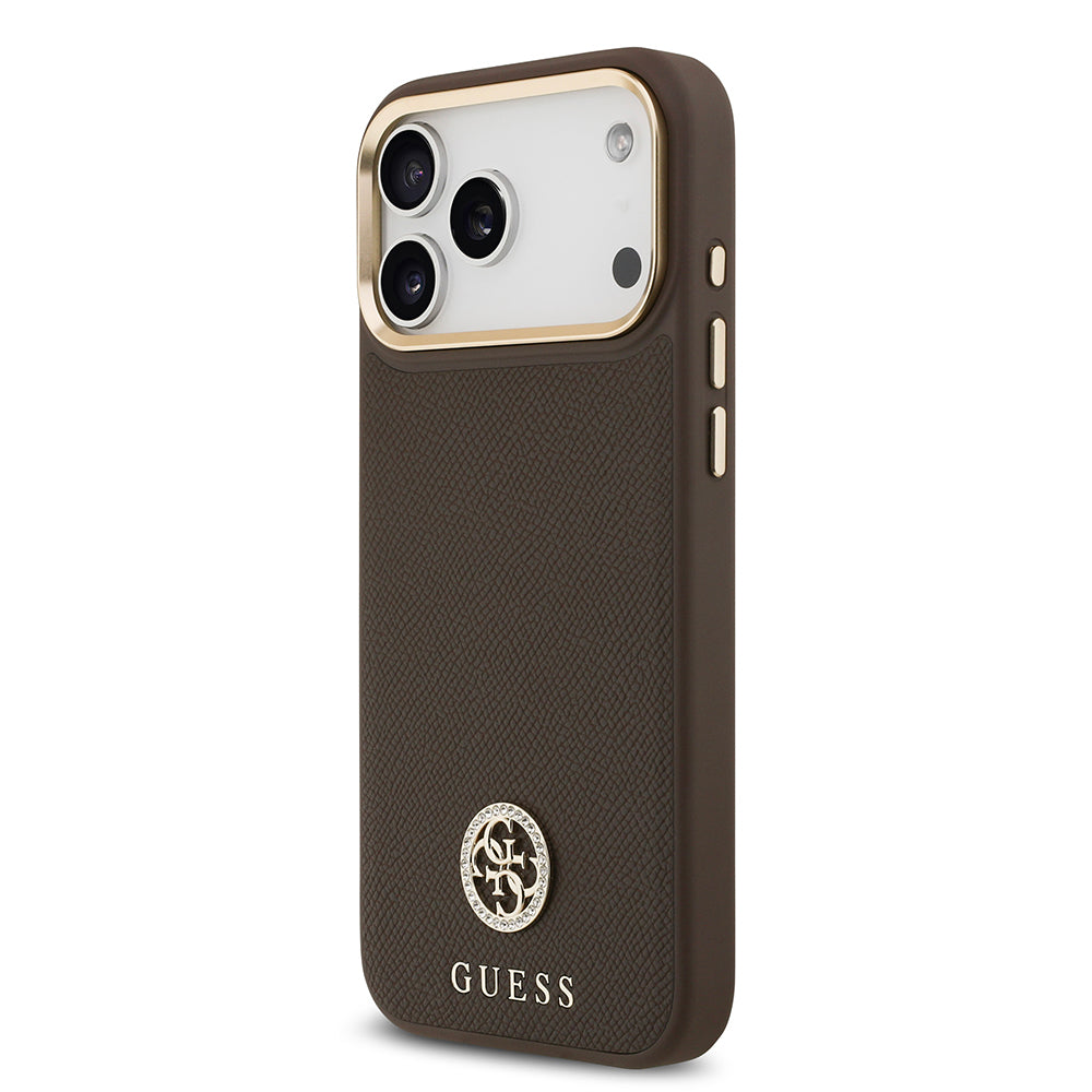 Apple iPhone 17 Pro Max Kılıf Guess Orjinal Lisanslı M-safe Şarj Özellikli Grained Yazı ve Taşlı 4G Logolu Kapak