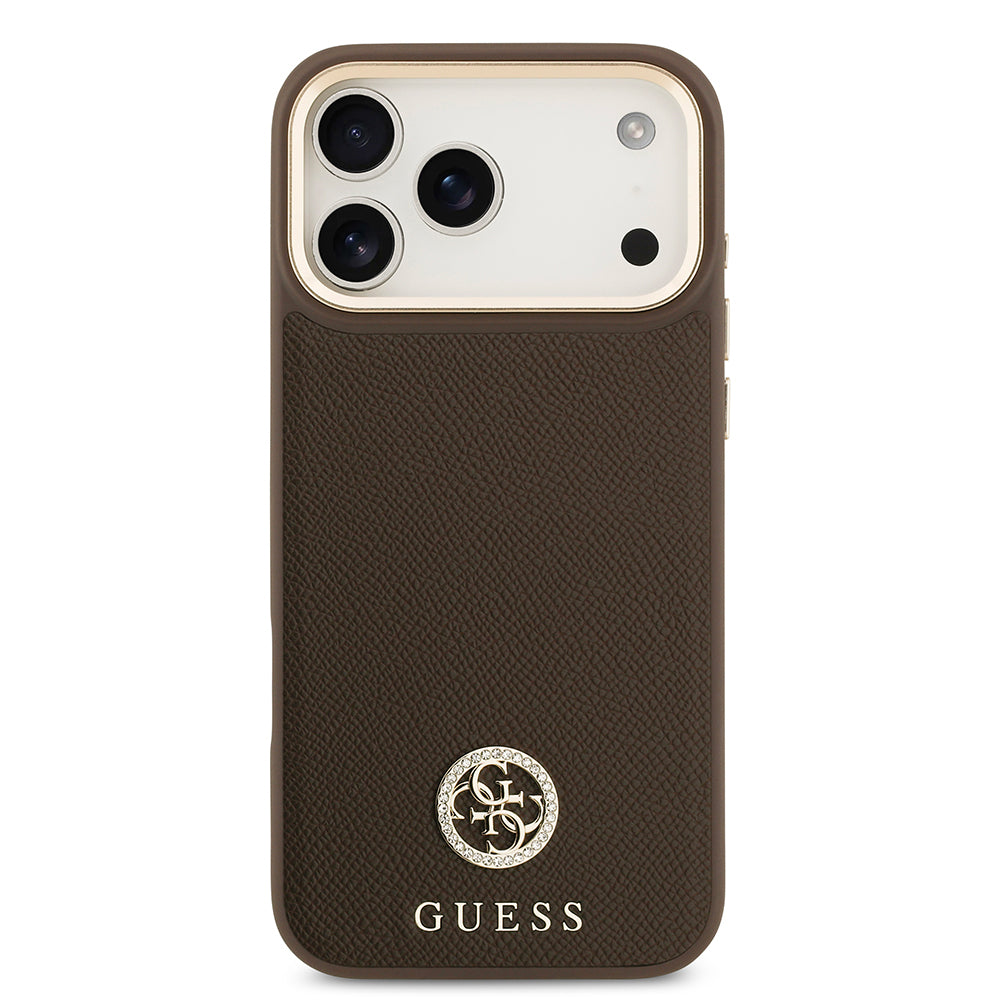 Apple iPhone 17 Pro Max Kılıf Guess Orjinal Lisanslı M-safe Şarj Özellikli Grained Yazı ve Taşlı 4G Logolu Kapak