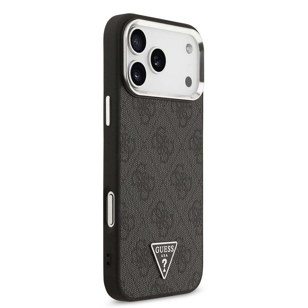 Apple iPhone 17 Pro Max Kılıf Guess Orjinal Lisanslı M-safe Şarj Özellikli Gümüş Metal Kamera Çerçeveli Üçgen Logo 4G Desenli Kapak