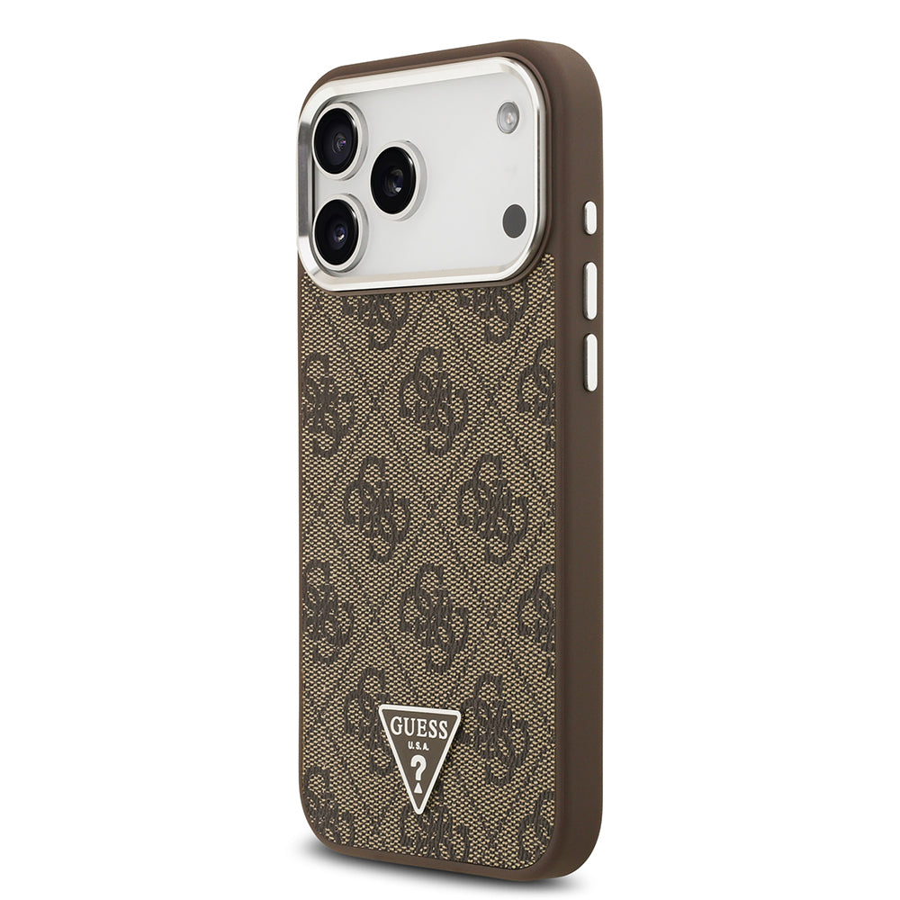 Apple iPhone 17 Pro Max Kılıf Guess Orjinal Lisanslı M-safe Şarj Özellikli Gümüş Metal Kamera Çerçeveli Üçgen Logo 4G Desenli Kapak