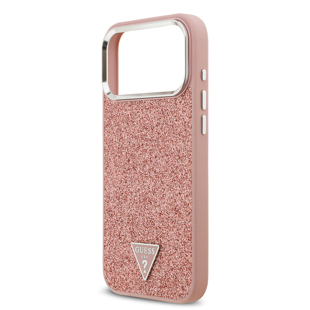 Apple iPhone 17 Pro Max Kılıf Guess Orjinal Lisanslı M-safe Şarj Özellikli Metal Kamera Çerçeveli Üçgen Logolu Glitter Kapak