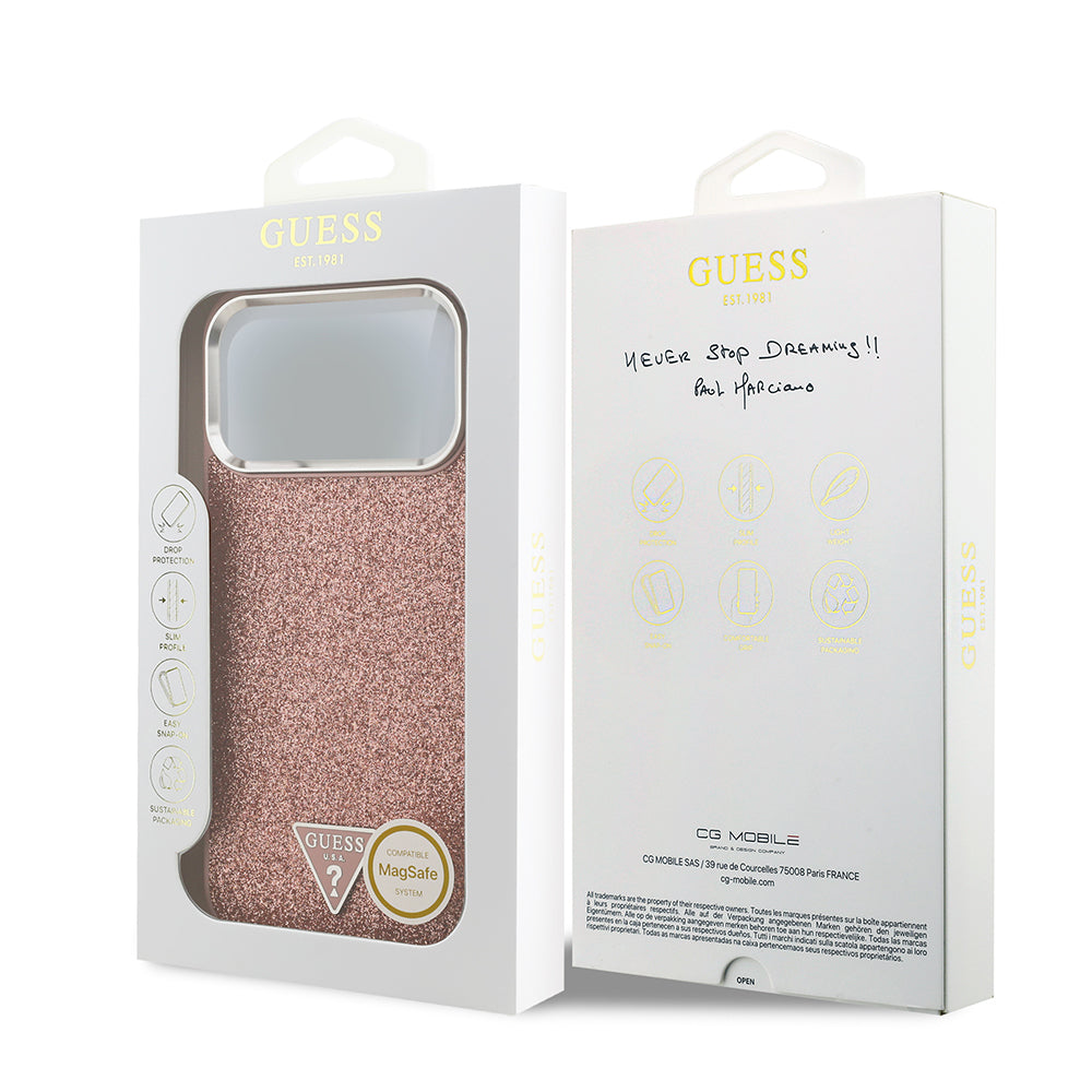 Apple iPhone 17 Pro Max Kılıf Guess Orjinal Lisanslı M-safe Şarj Özellikli Metal Kamera Çerçeveli Üçgen Logolu Glitter Kapak