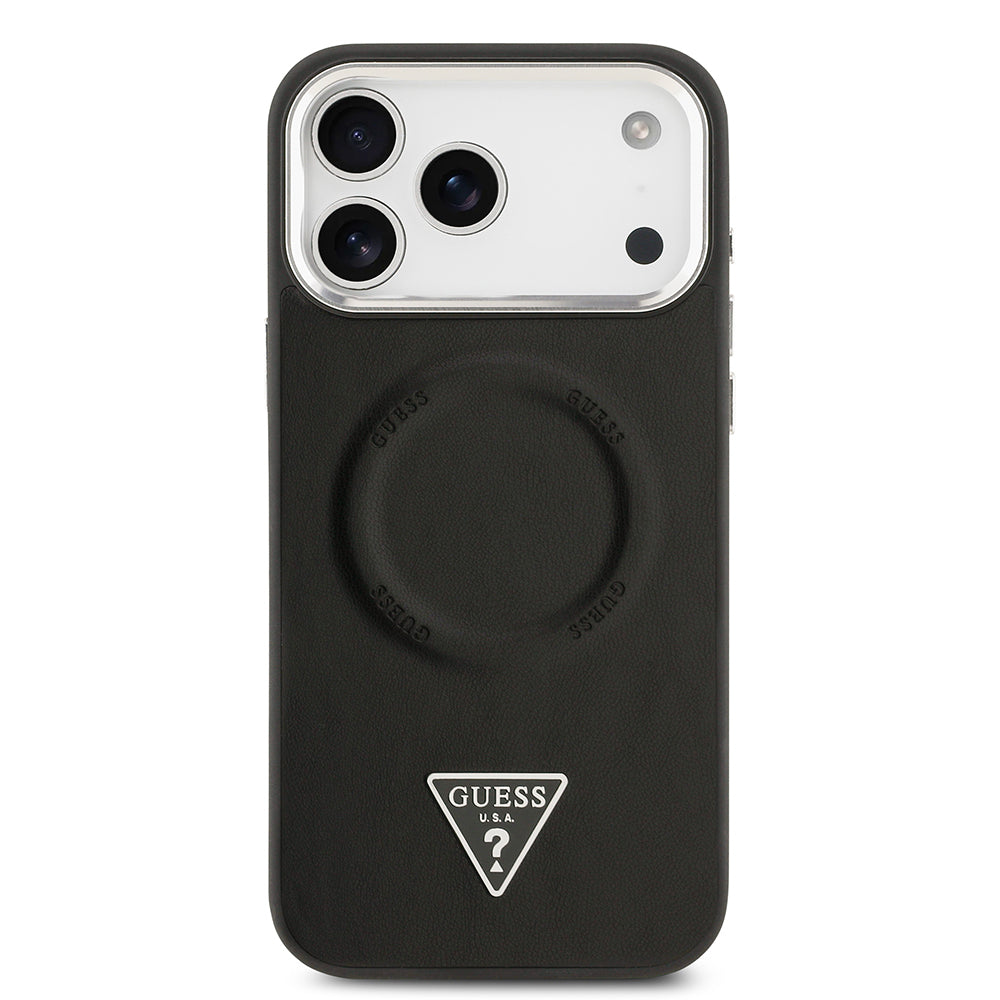 Apple iPhone 17 Pro Max Kılıf Guess Orjinal Lisanslı M-safe Şarj Özellikli PU Deri Metal Kamera Çerçeveli Üçgen Logolu Kapak