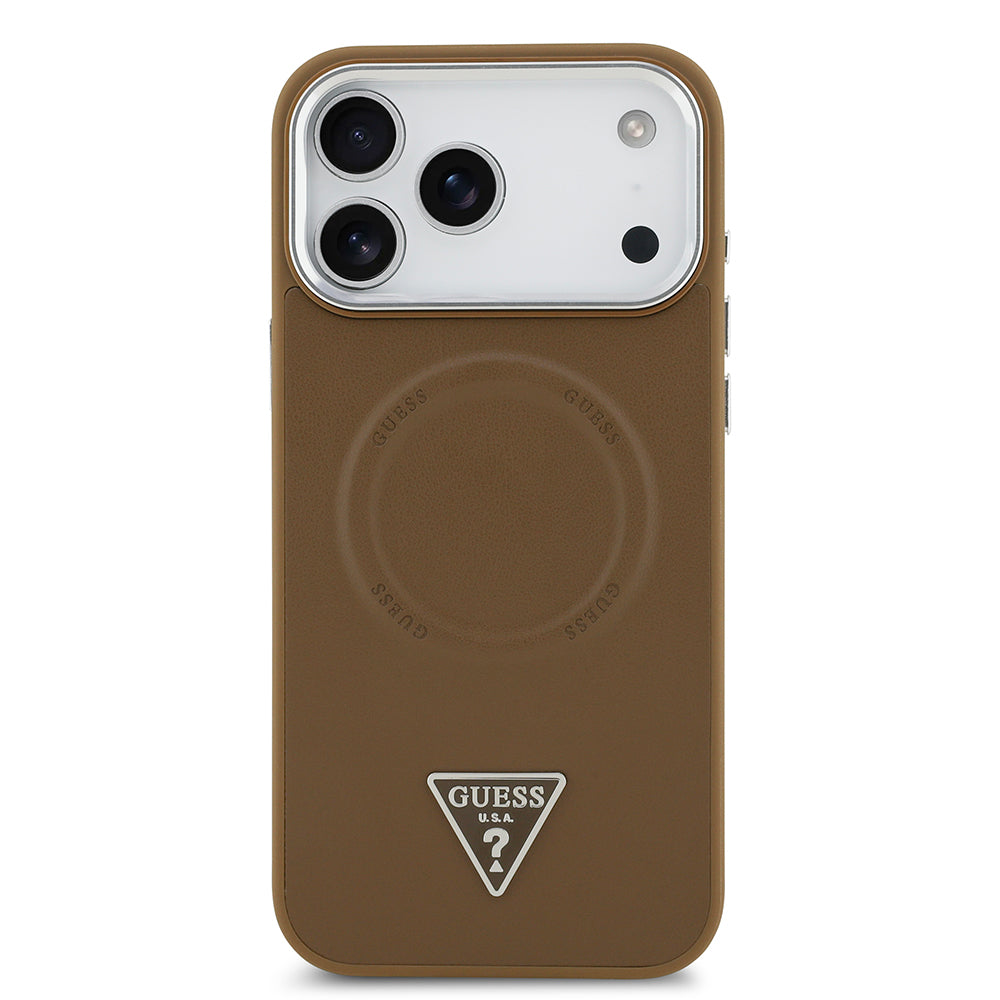 Apple iPhone 17 Pro Max Kılıf Guess Orjinal Lisanslı M-safe Şarj Özellikli PU Deri Metal Kamera Çerçeveli Üçgen Logolu Kapak