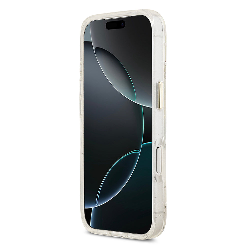 Apple iPhone 17 Pro Max Kılıf Guess Orjinal Lisanslı M-safe Şarj Özellikli Simli Çiçek Desenli Metal Kamera Çerçeveli Üçgen Logolu Kapak