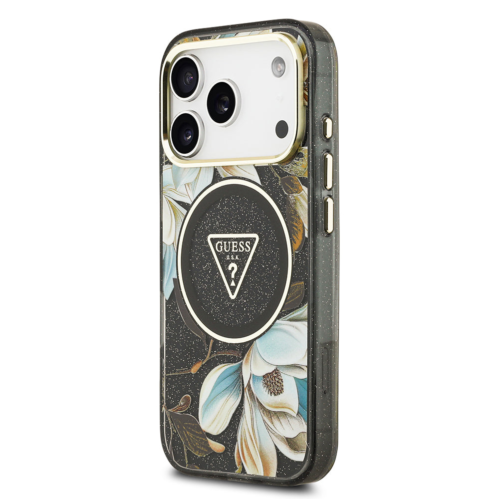 Apple iPhone 17 Pro Max Kılıf Guess Orjinal Lisanslı M-safe Şarj Özellikli Simli Çiçek Desenli Metal Kamera Çerçeveli Üçgen Logolu Kapak