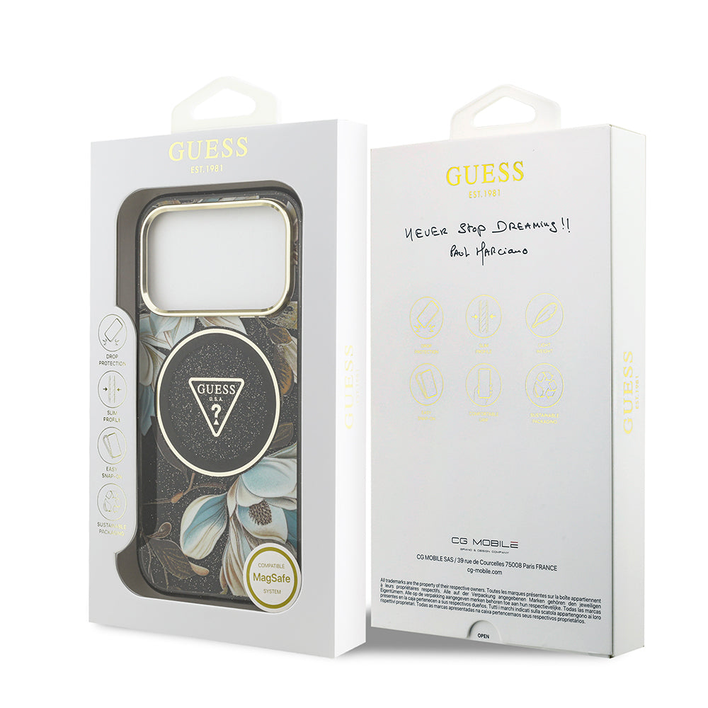 Apple iPhone 17 Pro Max Kılıf Guess Orjinal Lisanslı M-safe Şarj Özellikli Simli Çiçek Desenli Metal Kamera Çerçeveli Üçgen Logolu Kapak
