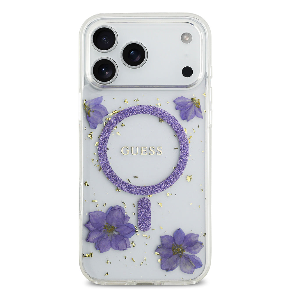 Apple iPhone 17 Pro Max Kılıf Guess Orjinal Lisanslı M-safe Şarj Özellikli Transparan Resin Flowers Kapak