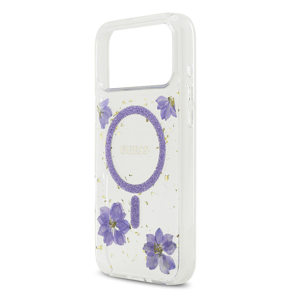 Apple iPhone 17 Pro Max Kılıf Guess Orjinal Lisanslı M-safe Şarj Özellikli Transparan Resin Flowers Kapak