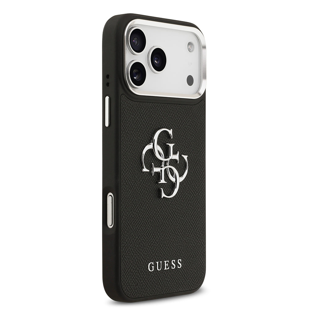 Apple iPhone 17 Pro Max Kılıf Guess Orjinal Lisanslı Metal Kamera Çerçeveli Metal Büyük 4G ve Yazı Logolu PU Deri Kapak