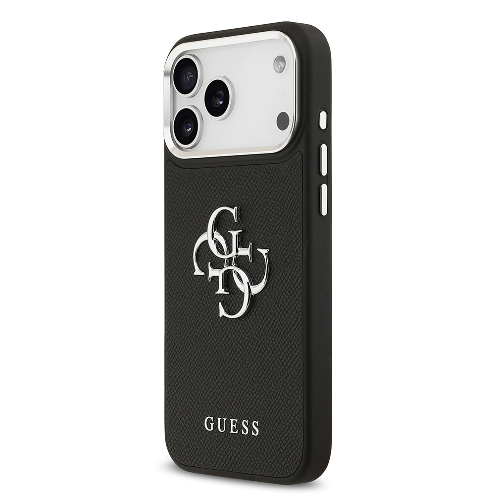 Apple iPhone 17 Pro Max Kılıf Guess Orjinal Lisanslı Metal Kamera Çerçeveli Metal Büyük 4G ve Yazı Logolu PU Deri Kapak