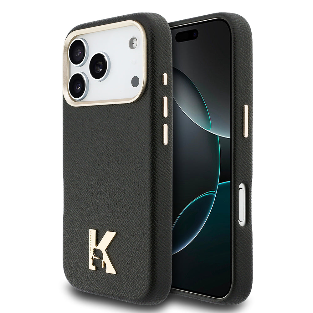 Apple iPhone 17 Pro Max Kılıf Karl Lagerfeld Orjinal Lisanslı M-safe Şarj Özellikli Gold Kamera Çerçeveli KHEAD Metal Logolu PU Deri Kapak