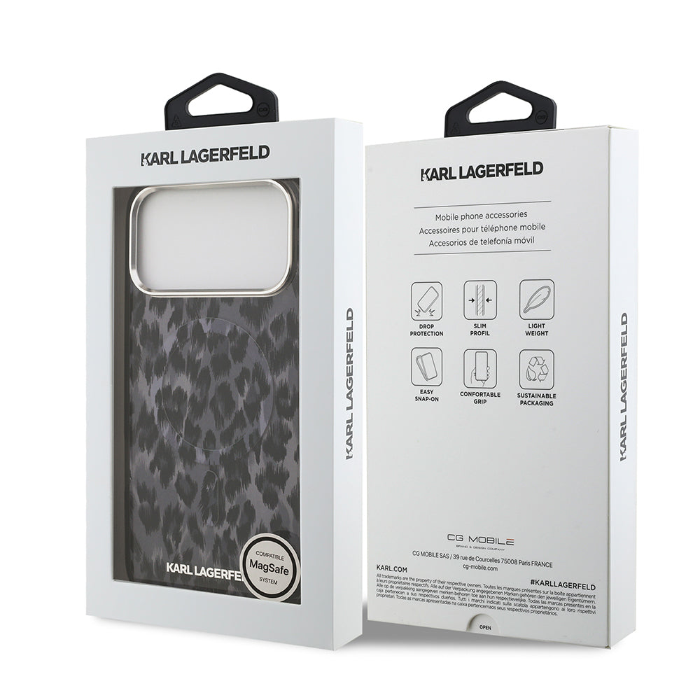 Apple iPhone 17 Pro Max Kılıf Karl Lagerfeld Orjinal Lisanslı M-safe Şarj Özellikli IML Leopar Baskılı Kapak