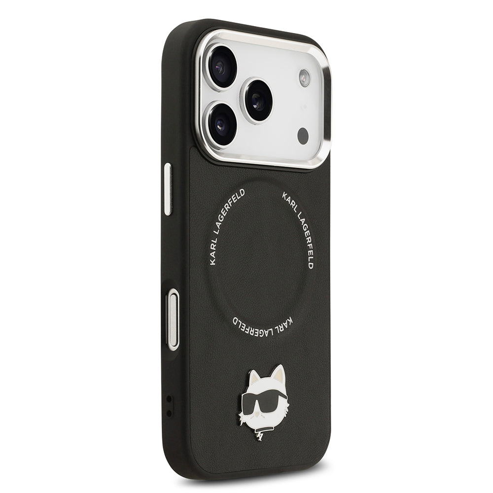 Apple iPhone 17 Pro Max Kılıf Karl Lagerfeld Orjinal Lisanslı M-safe Şarj Özellikli Metal Kamera ve Buton Tasarımlı Choupette PU Deri Kapak