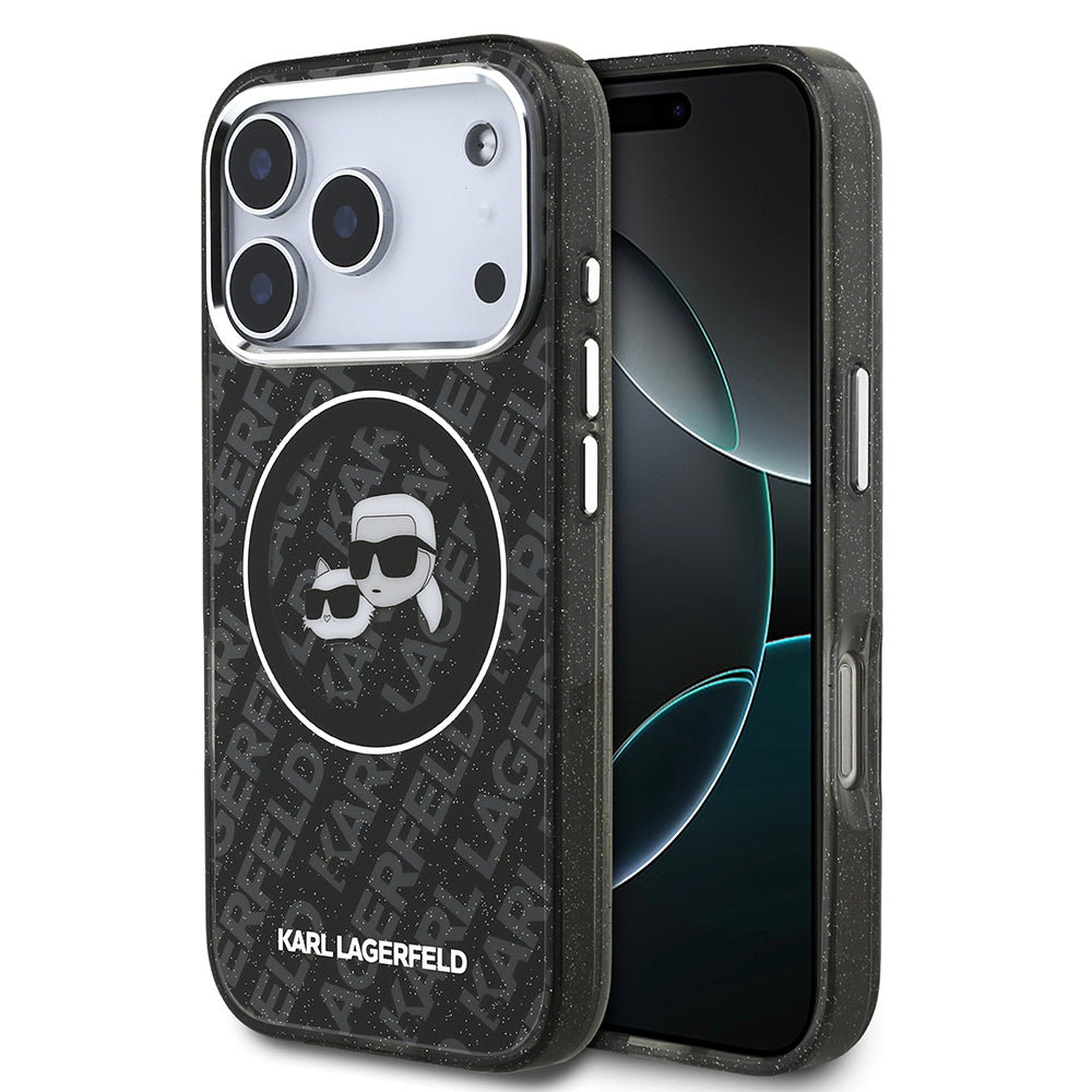 Apple iPhone 17 Pro Max Kılıf Karl Lagerfeld Orjinal Lisanslı Parlayan Simli Karl & Choupette Heads Kapak