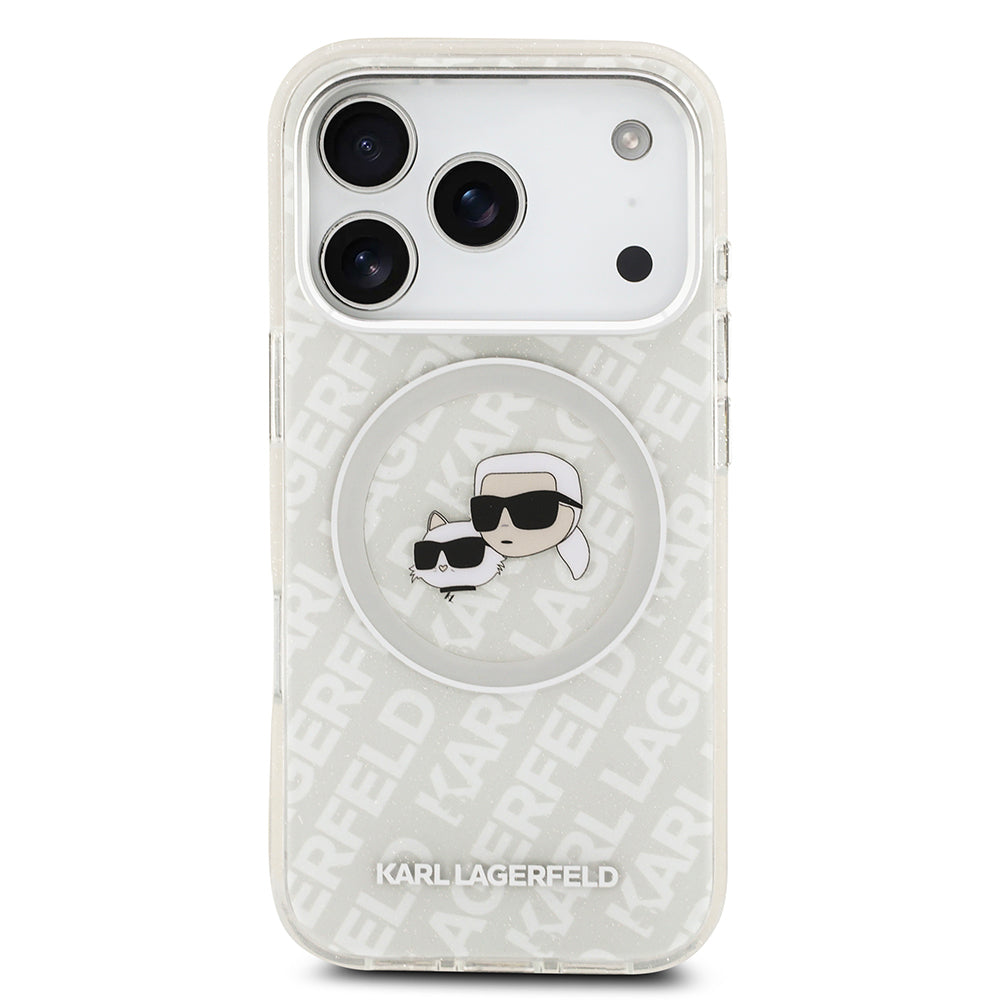 Apple iPhone 17 Pro Max Kılıf Karl Lagerfeld Orjinal Lisanslı Parlayan Simli Karl & Choupette Heads Kapak