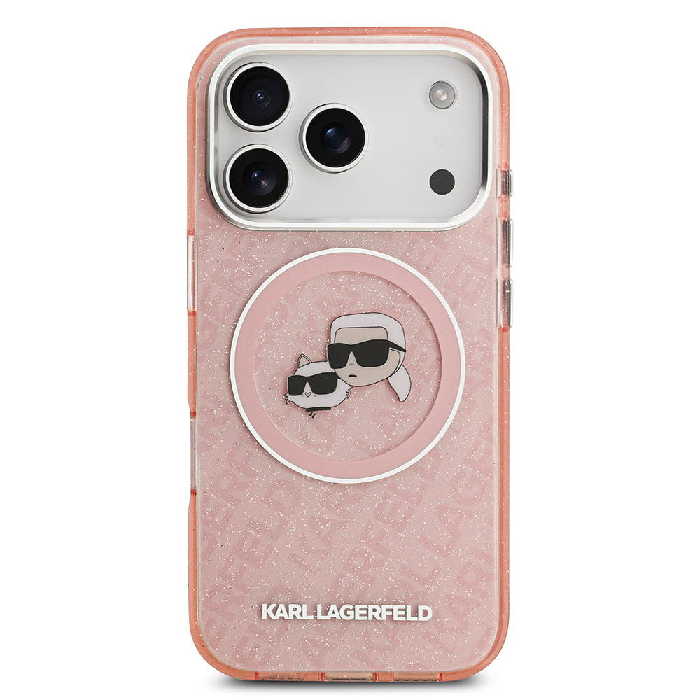 Apple iPhone 17 Pro Max Kılıf Karl Lagerfeld Orjinal Lisanslı Parlayan Simli Karl & Choupette Heads Kapak