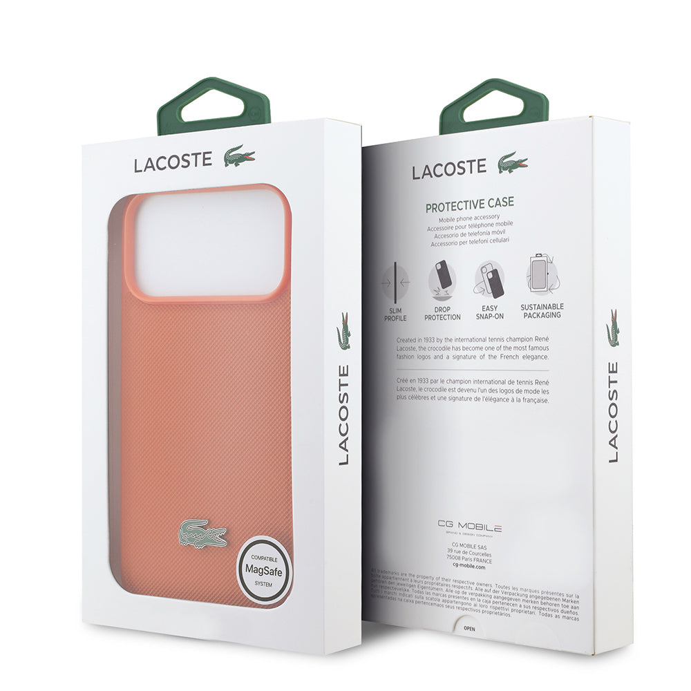 Apple iPhone 17 Pro Max Kılıf Lacoste Orjinal Lisanslı M-safe Şarj Özellikli PU Pike Desenli Metal Logolu Kapak