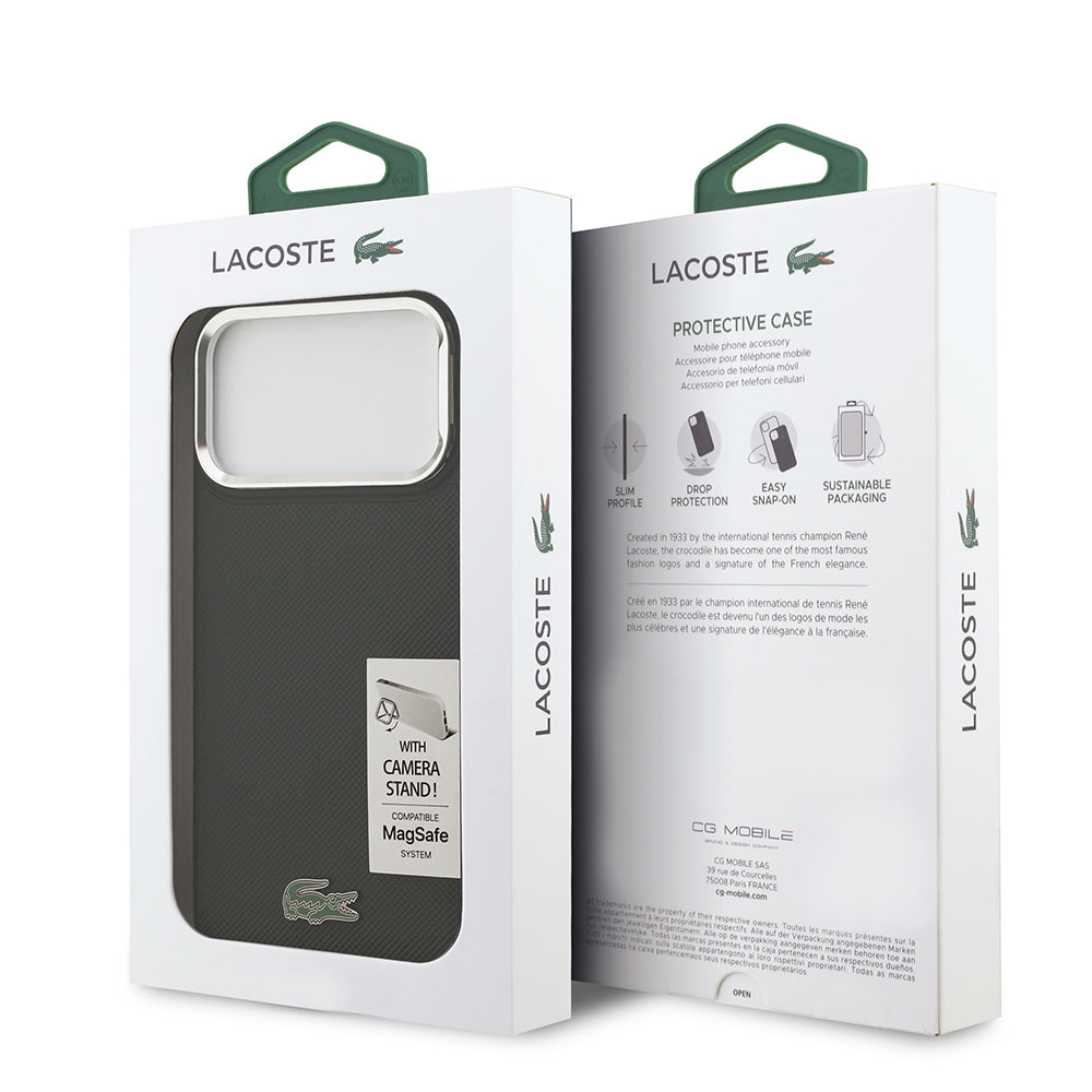 Apple iPhone 17 Pro Max Kılıf Lacoste Orjinal Lisanslı M-safe Şarj Özellikli PU Pike Desenli Standlı Metal Logolu Kapak