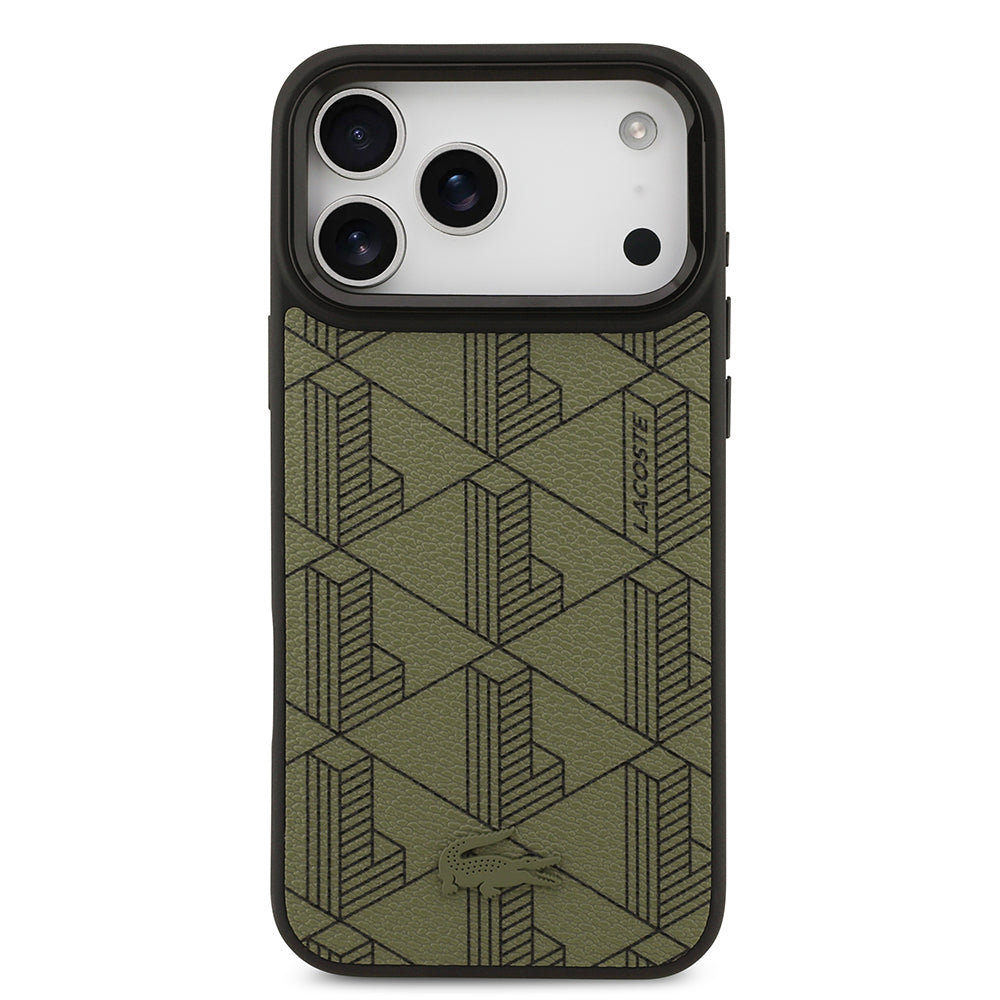 Apple iPhone 17 Pro Max Kılıf Lacoste Orjinal Lisanslı M-safe Şarj Özellikli Standlı PU Deri Karışık Monogram Desenli Kapak