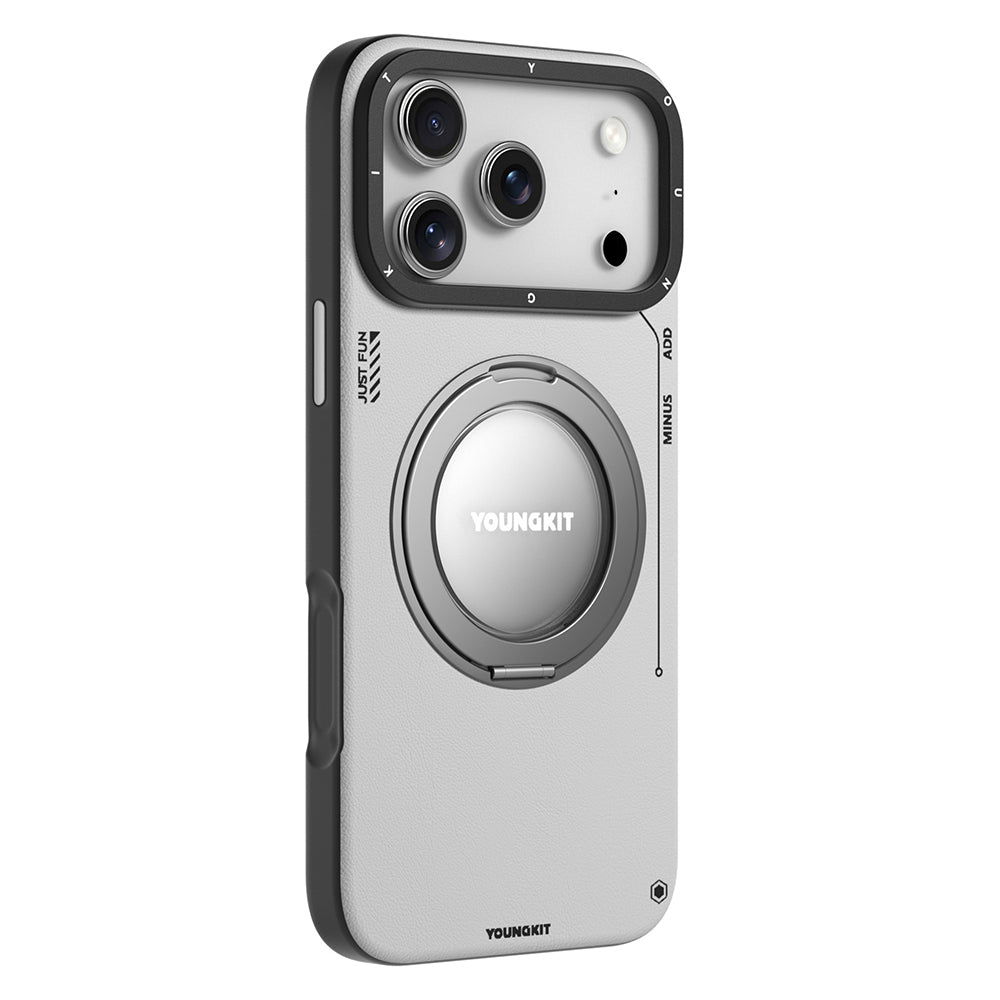 Apple iPhone 17 Pro Max Kılıf M-safe Şarj Özellikli 360 Derece Standlı Basit Mat Deri Desenli Youngkit Tech Leather Serisi Kapak