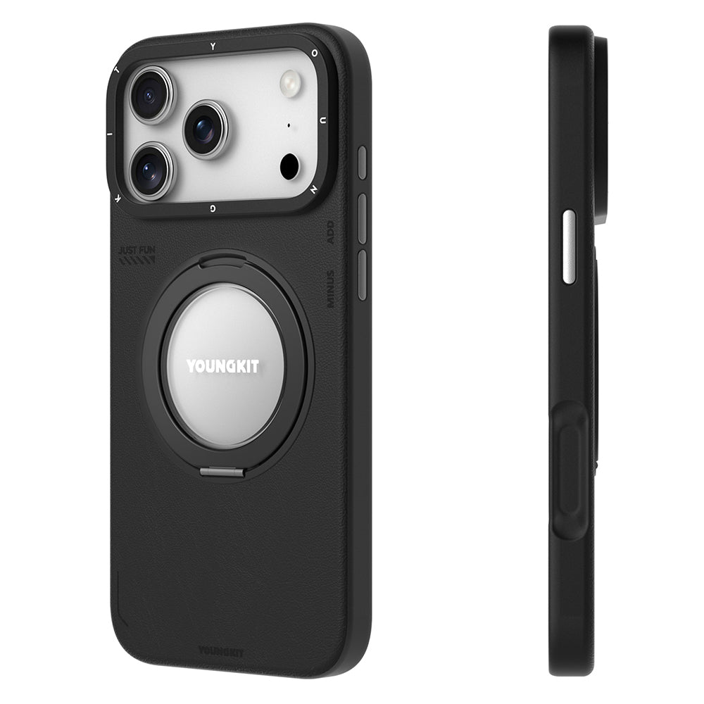 Apple iPhone 17 Pro Max Kılıf M-safe Şarj Özellikli 360 Derece Standlı Basit Mat Deri Desenli Youngkit Tech Leather Serisi Kapak
