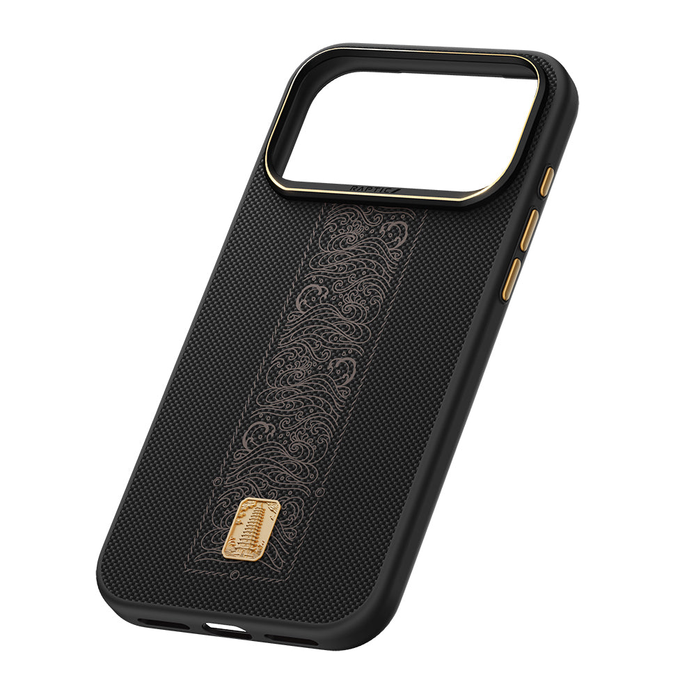 Apple iPhone 17 Pro Max Kılıf M-safe Şarj Özellikli Raptic Aramid Dual Rise Serisi 24 Ayar Altın Kaplamalı Karbon Kapak