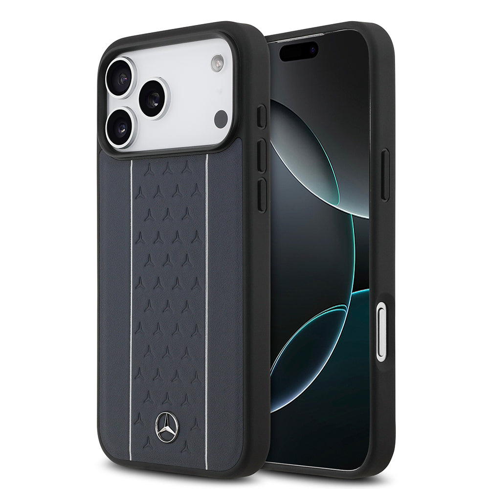Apple iPhone 17 Pro Max Kılıf Mercedes Benz Orjinal Lisanslı M-safe Şarj Özellikli Şeritli Yıldız Desenli Metal Logolu Deri Kapak