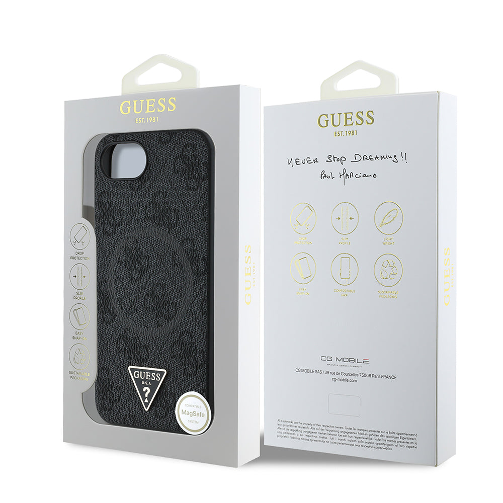Apple iPhone 17E Kılıf Guess Orjinal Lisanslı M-safe Şarj Özellikli PU Üçgen Logo 4G Desenli Kapak