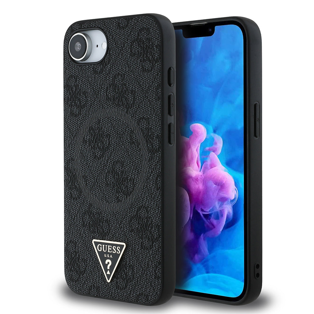 Apple iPhone 17E Kılıf Guess Orjinal Lisanslı M-safe Şarj Özellikli PU Üçgen Logo 4G Desenli Kapak