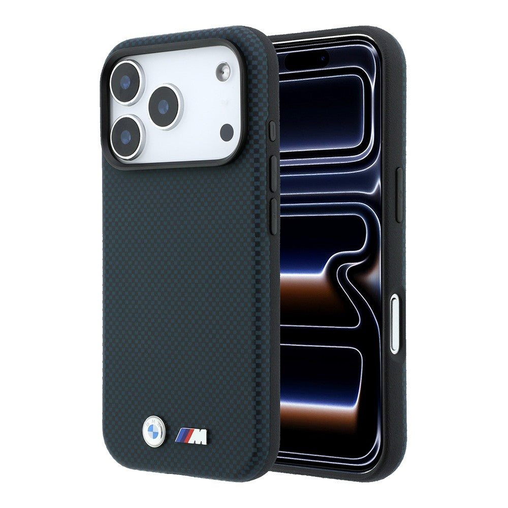 Apple iPhone 18 Pro Kılıf BMW Orjinal Lisanslı M-safe Şarj Özellikli Metal Logolu Karbon Fiber Kevlar Kapak