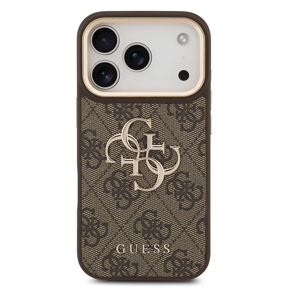 Apple iPhone 18 Pro Kılıf Guess Orjinal Lisanslı Gold Metal Kamera Çerçeveli 4G Desenli Metal Büyük 4G ve Yazı Logolu Kapak