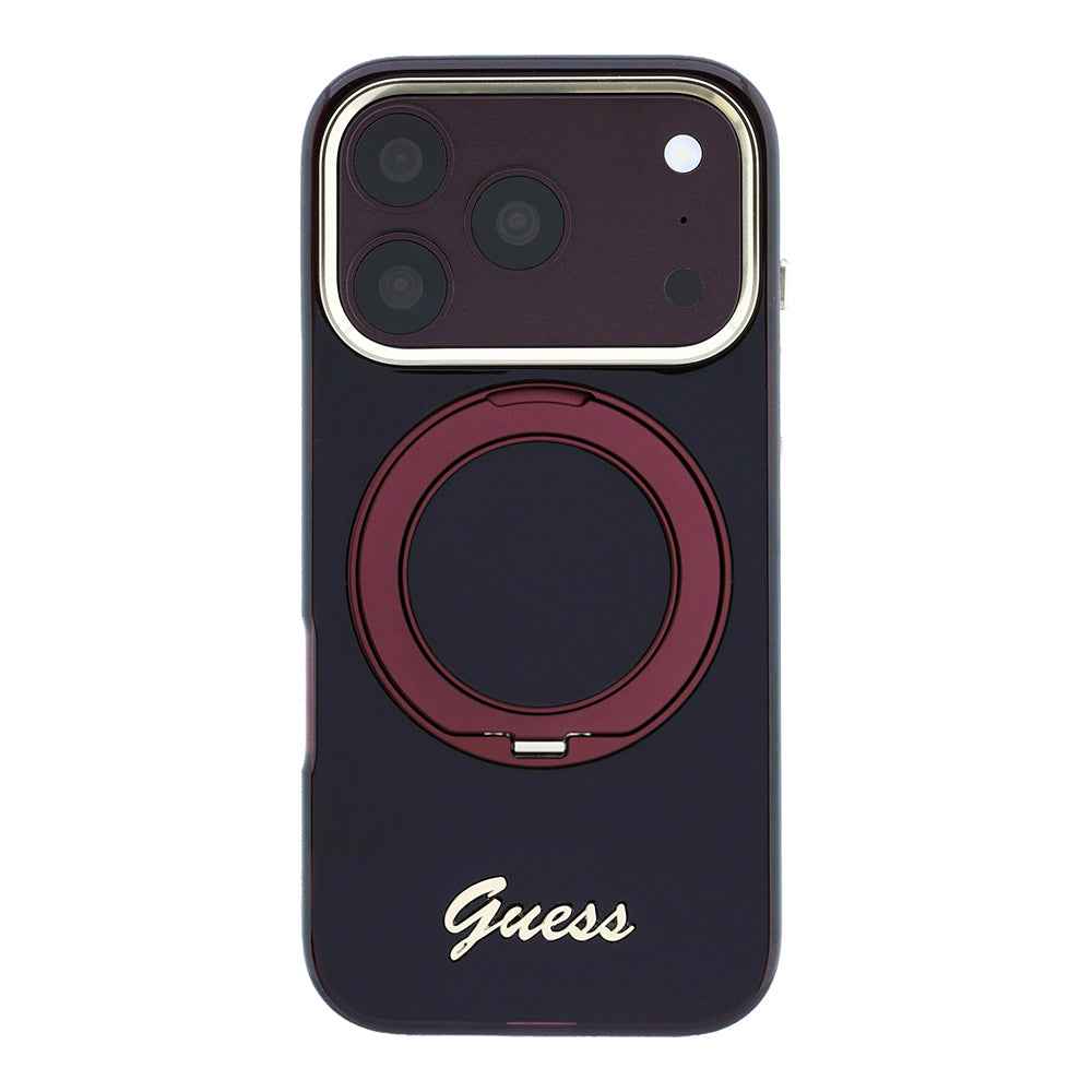Apple iPhone 18 Pro Kılıf Guess Orjinal Lisanslı M-safe Şarj Özellikli 360 Derece Dönebilen Standlı Metal Yazı Logolu Silikon Kapak