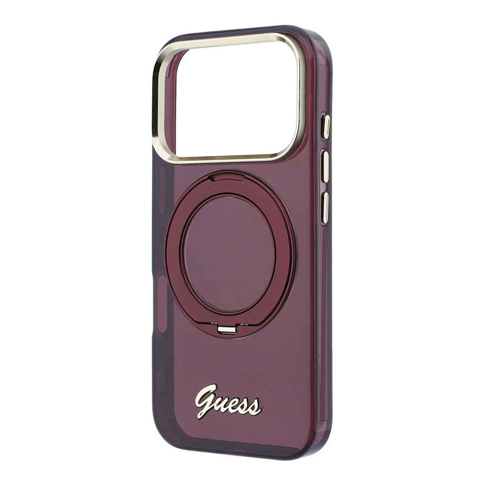 Apple iPhone 18 Pro Kılıf Guess Orjinal Lisanslı M-safe Şarj Özellikli 360 Derece Dönebilen Standlı Metal Yazı Logolu Silikon Kapak