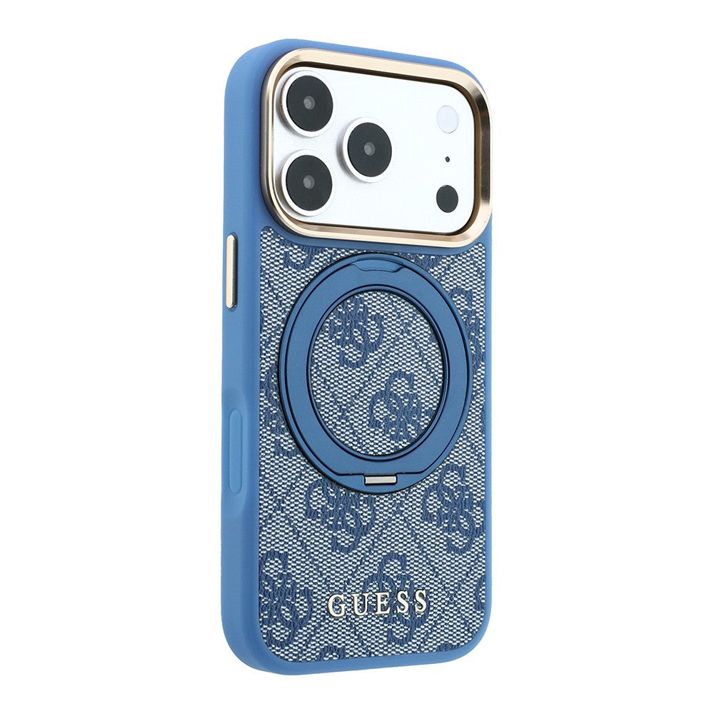Apple iPhone 18 Pro Kılıf Guess Orjinal Lisanslı M-safe Şarj Özellikli 4G Desenli 360 Derece Dönebilen Standlı Metal Yazı Logolu Kapak